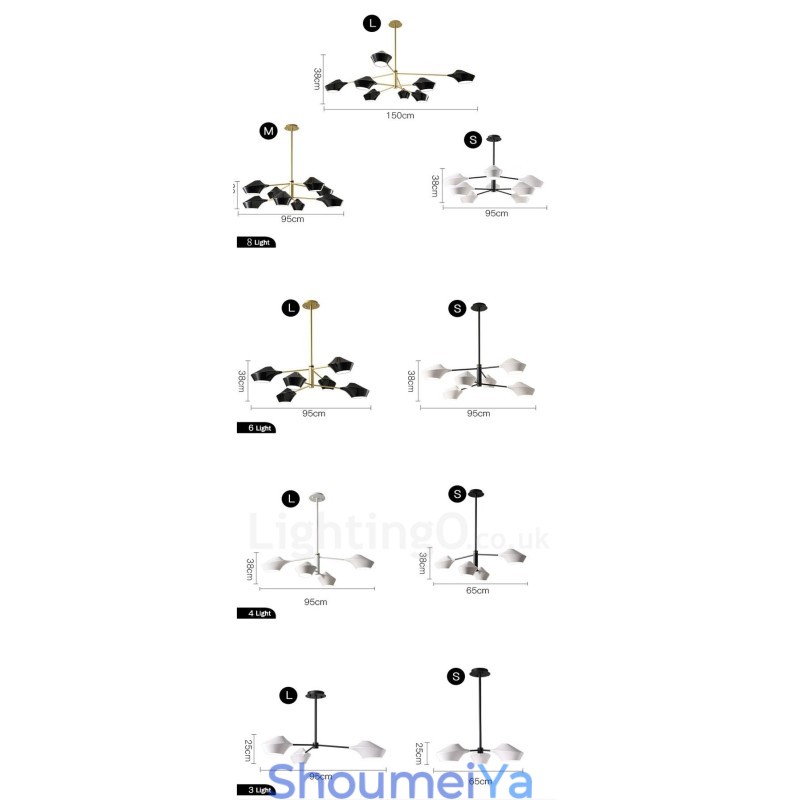 モダンで現代的なパイプシャンデリア、ホワイトブラックのアクリルシェード付き