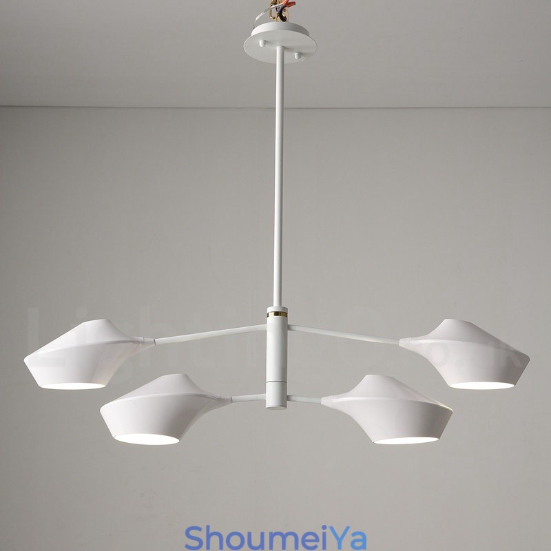 モダンで現代的なパイプシャンデリア、ホワイトブラックのアクリルシェード付き