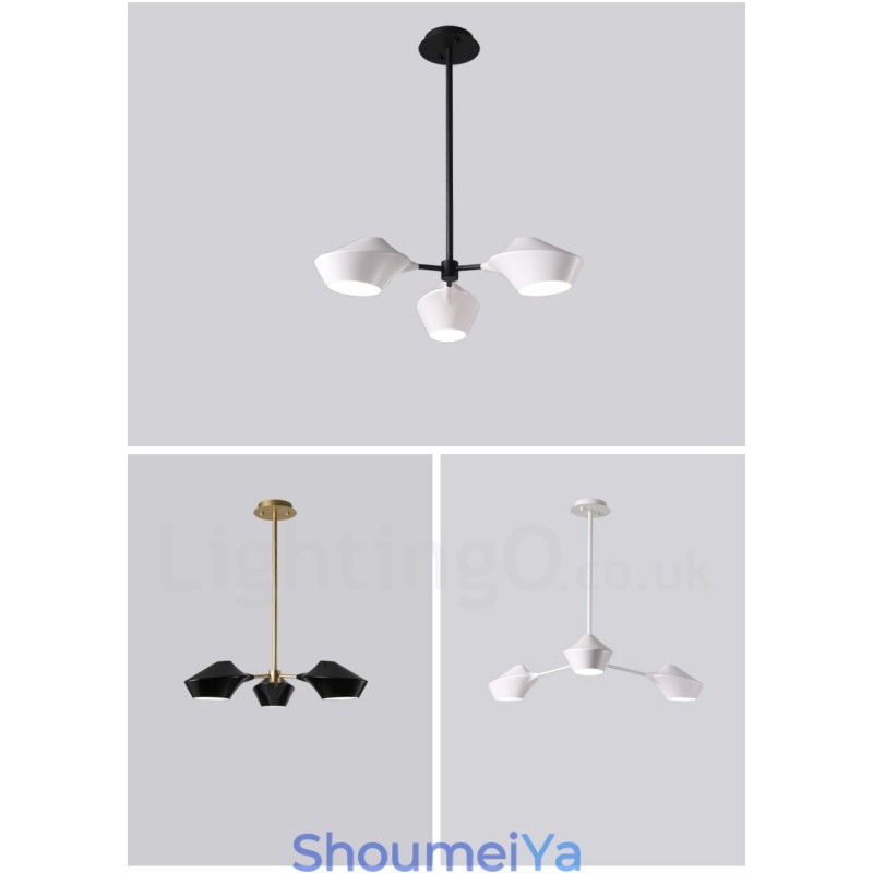 モダンで現代的なパイプシャンデリア、ホワイトブラックのアクリルシェード付き