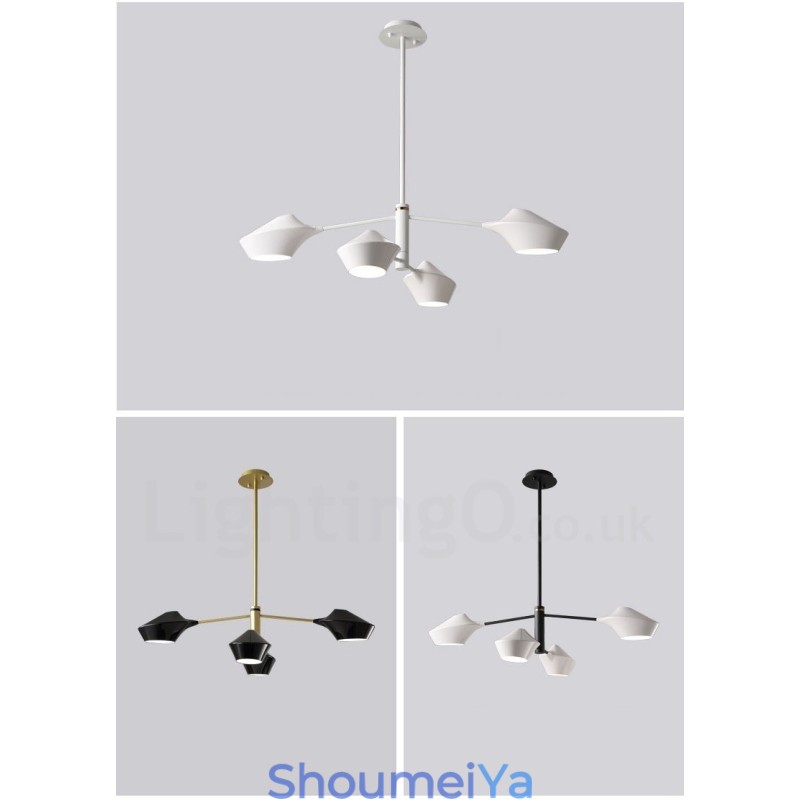 モダンで現代的なパイプシャンデリア、ホワイトブラックのアクリルシェード付き
