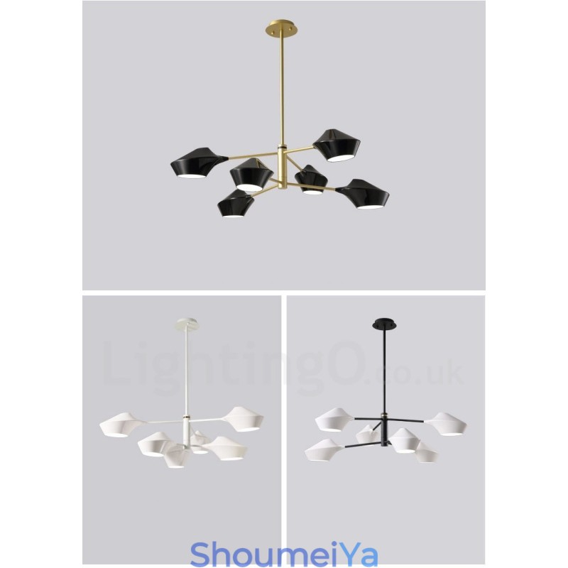 モダンで現代的なパイプシャンデリア、ホワイトブラックのアクリルシェード付き