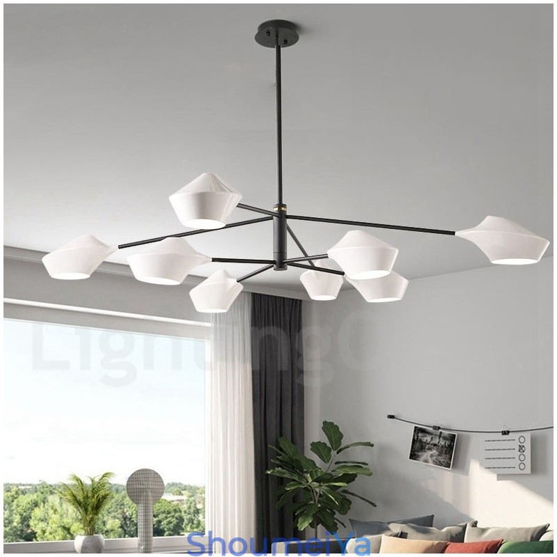 モダンで現代的なパイプシャンデリア、ホワイトブラックのアクリルシェード付き