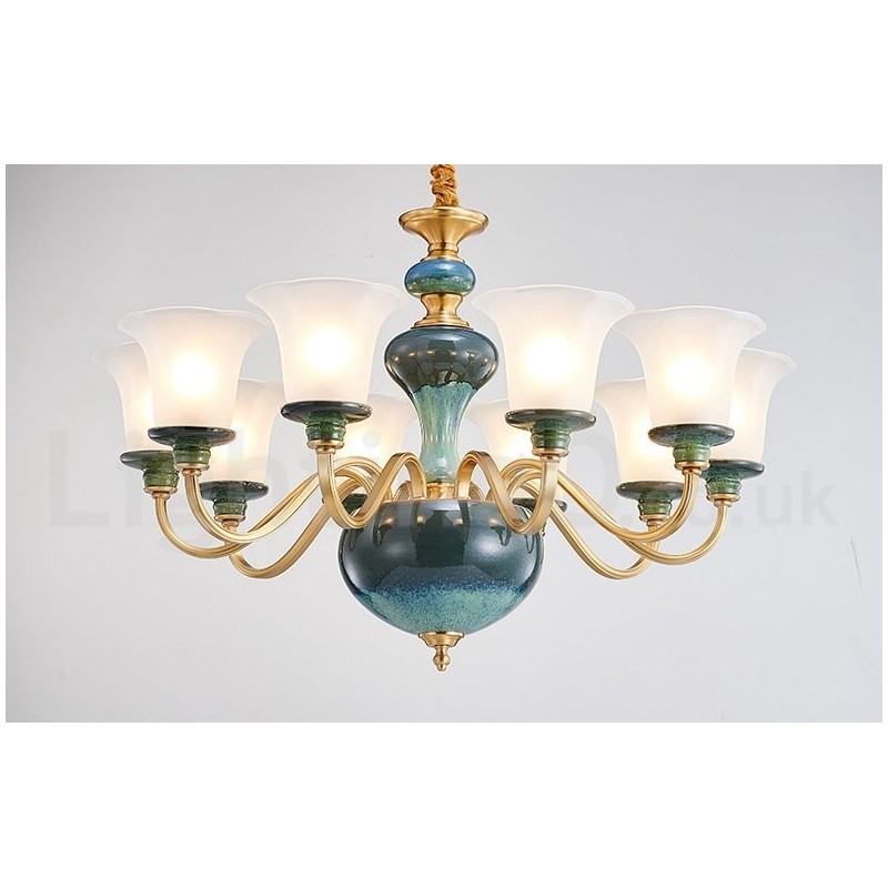 レトロヴィンテージ真鍮セラミックペンダントキャンドルシャンデリア、ガラスシェード付き