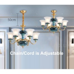 レトロヴィンテージ真鍮セラミックペンダントキャンドルシャンデリア、ガラスシェード付き