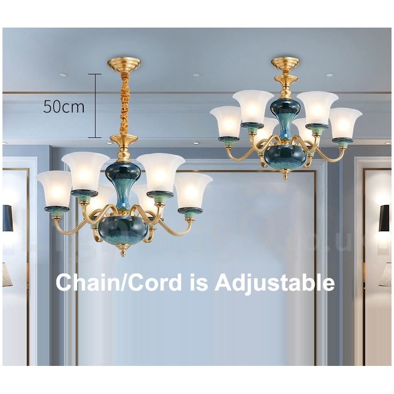 レトロヴィンテージ真鍮セラミックペンダントキャンドルシャンデリア、ガラスシェード付き