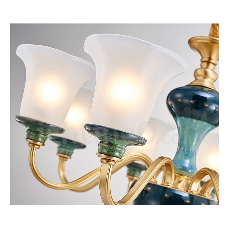 レトロヴィンテージ真鍮セラミックペンダントキャンドルシャンデリア、ガラスシェード付き