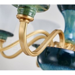 レトロヴィンテージ真鍮セラミックペンダントキャンドルシャンデリア、ガラスシェード付き