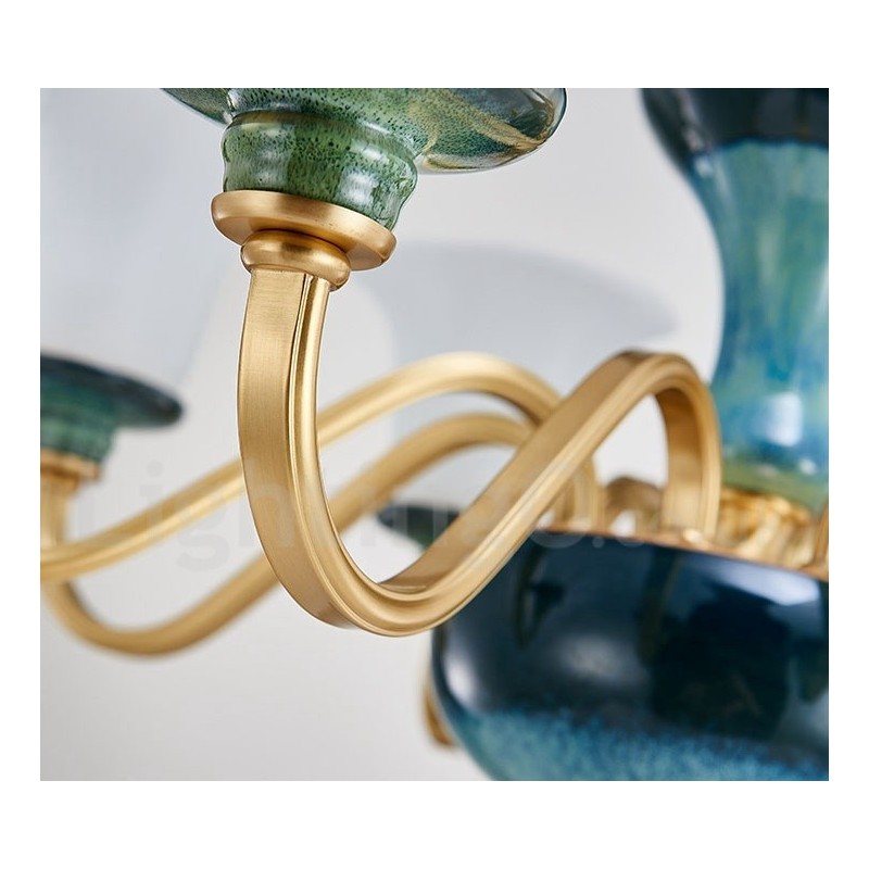 レトロヴィンテージ真鍮セラミックペンダントキャンドルシャンデリア、ガラスシェード付き