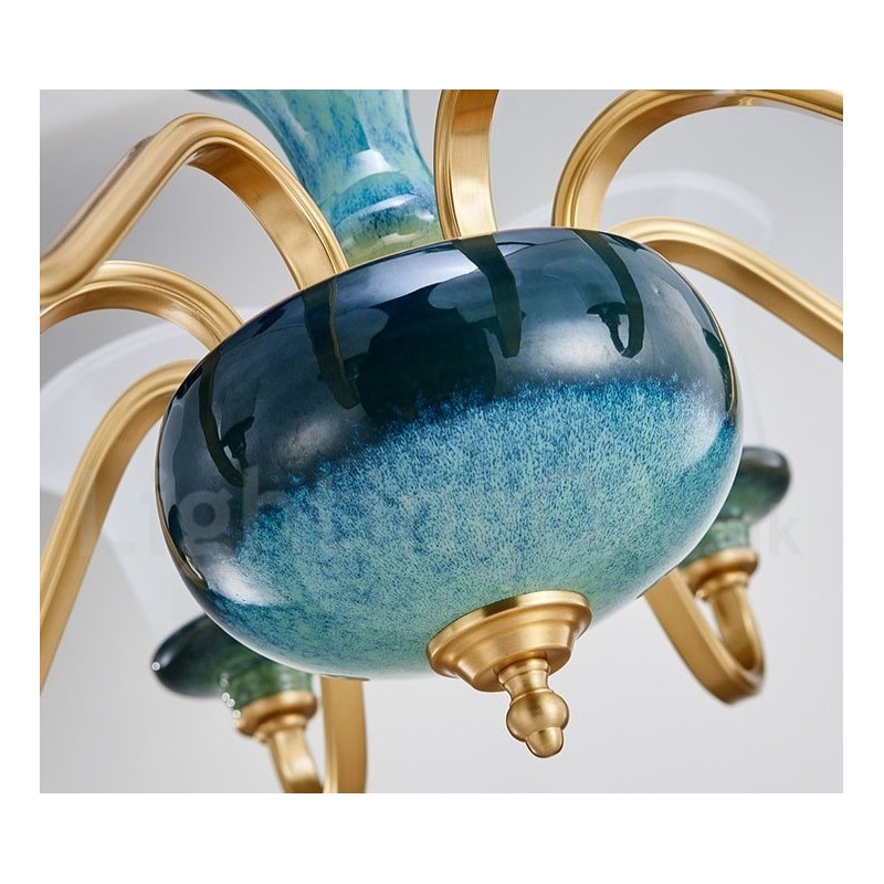 レトロヴィンテージ真鍮セラミックペンダントキャンドルシャンデリア、ガラスシェード付き