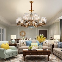 レトロヴィンテージ真鍮セラミックペンダントキャンドルシャンデリア、ガラスシェード付き