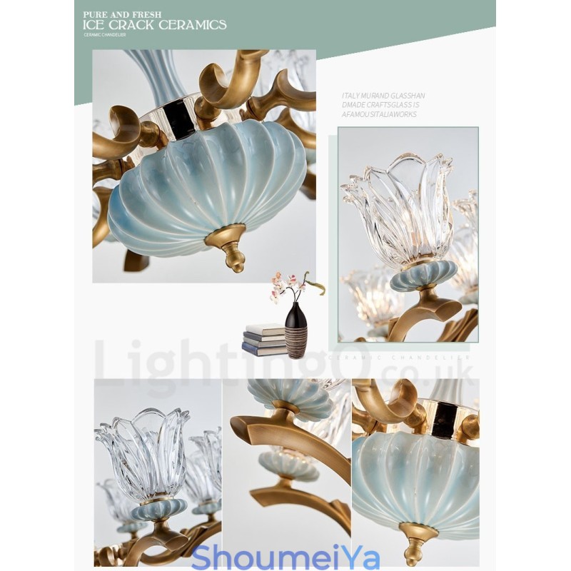 レトロヴィンテージ真鍮セラミックペンダントキャンドルシャンデリア、ガラスシェード付き