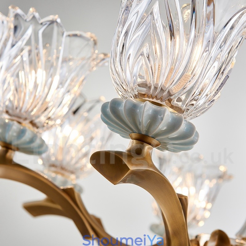 レトロヴィンテージ真鍮セラミックペンダントキャンドルシャンデリア、ガラスシェード付き