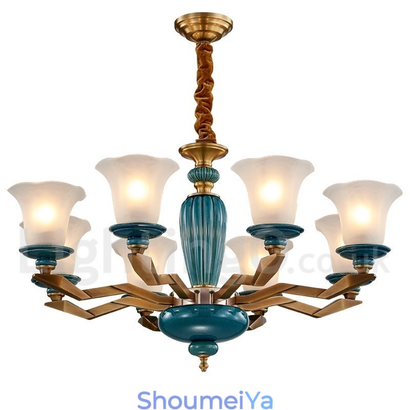 レトロヴィンテージ真鍮セラミックペンダントキャンドルシャンデリア、ガラスシェード付き
