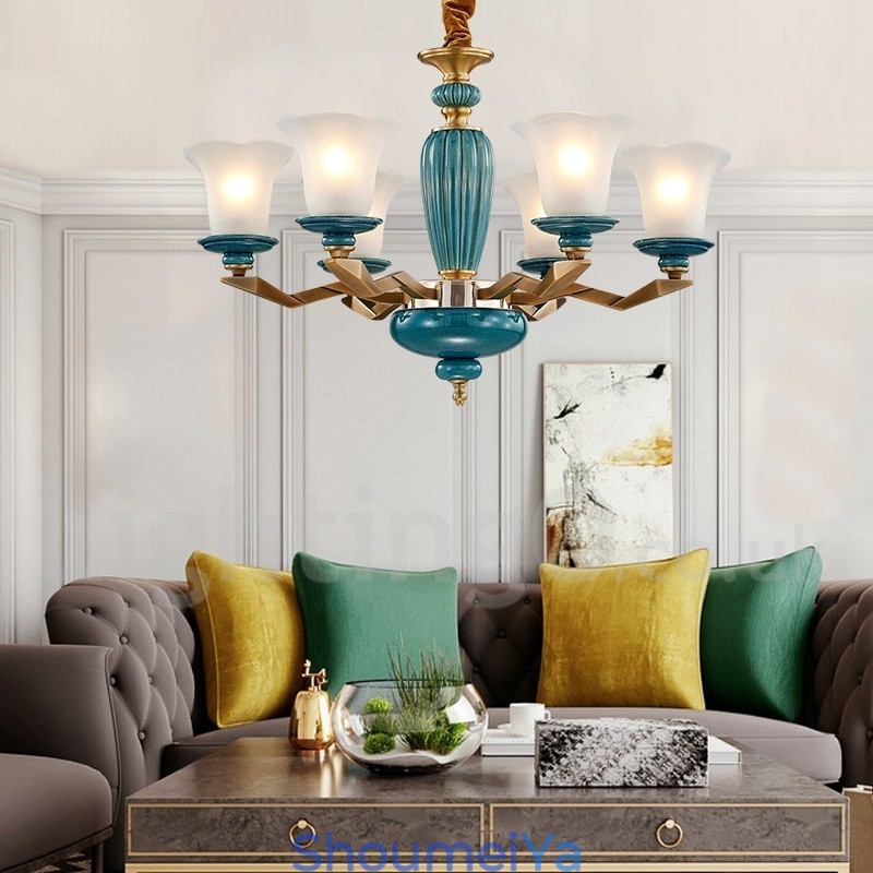 レトロヴィンテージ真鍮セラミックペンダントキャンドルシャンデリア、ガラスシェード付き