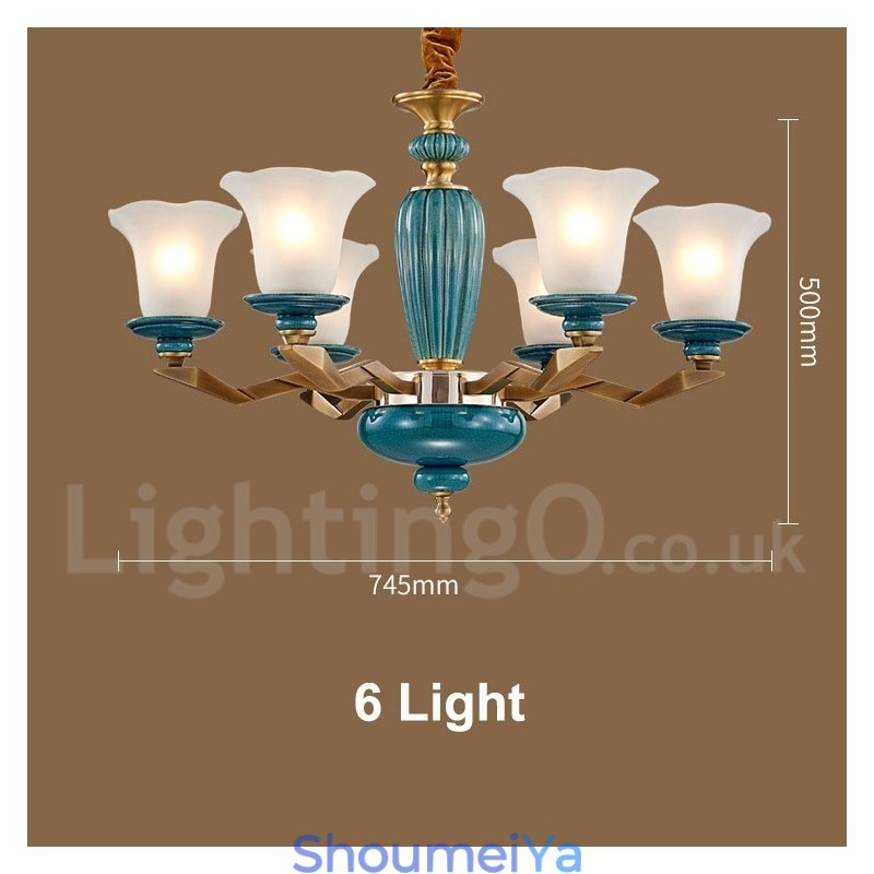 レトロヴィンテージ真鍮セラミックペンダントキャンドルシャンデリア、ガラスシェード付き