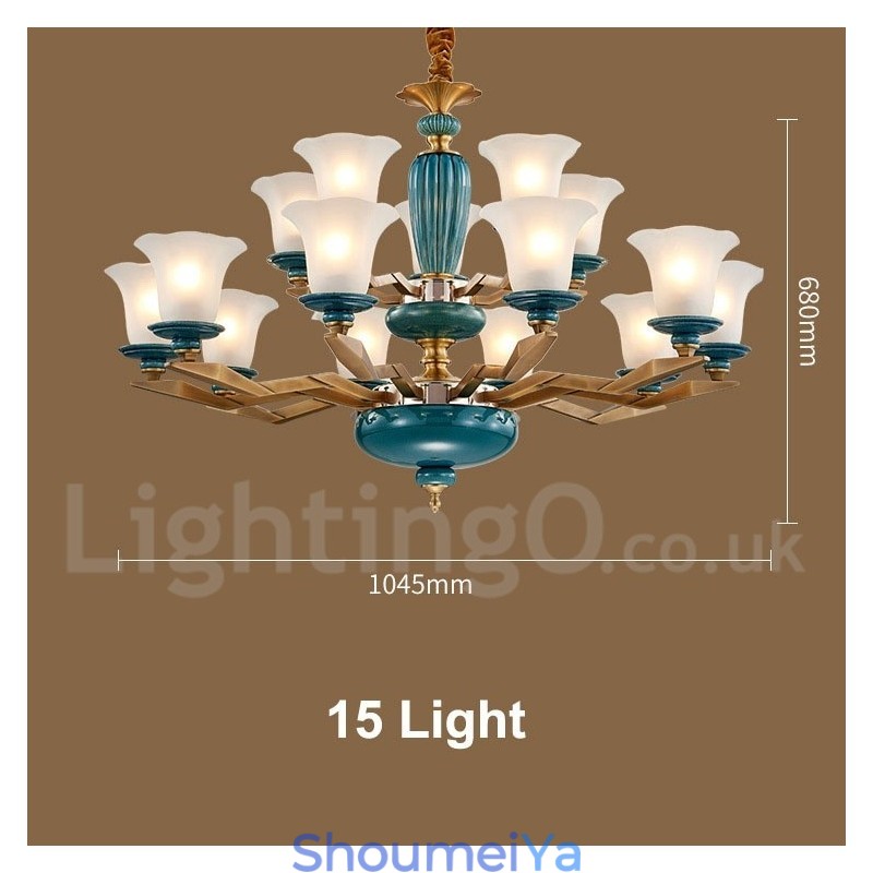 レトロヴィンテージ真鍮セラミックペンダントキャンドルシャンデリア、ガラスシェード付き