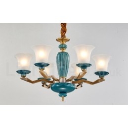 レトロヴィンテージ真鍮セラミックペンダントキャンドルシャンデリア、ガラスシェード付き