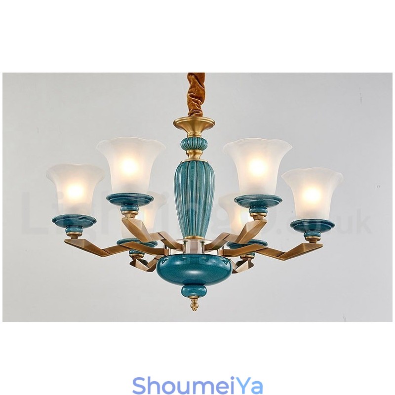 レトロヴィンテージ真鍮セラミックペンダントキャンドルシャンデリア、ガラスシェード付き