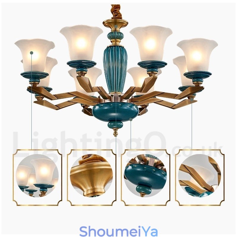 レトロヴィンテージ真鍮セラミックペンダントキャンドルシャンデリア、ガラスシェード付き
