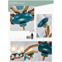 レトロヴィンテージ真鍮セラミックペンダントキャンドルシャンデリア、ガラスシェード付き