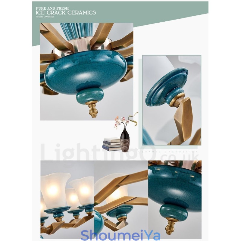 レトロヴィンテージ真鍮セラミックペンダントキャンドルシャンデリア、ガラスシェード付き