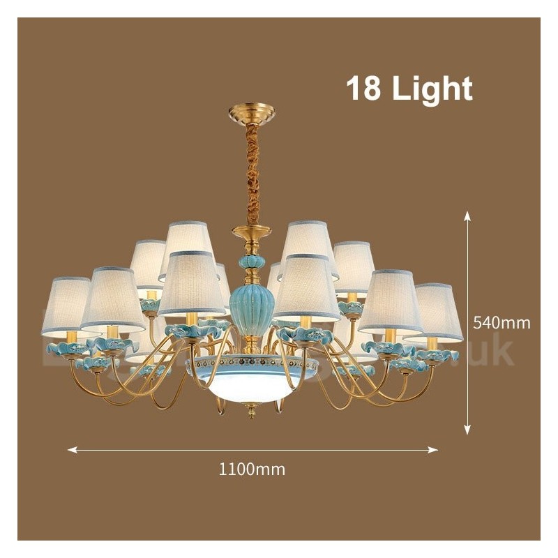 レトロヴィンテージ真鍮セラミックペンダントキャンドルシャンデリア、ブルーファブリックシェード付き