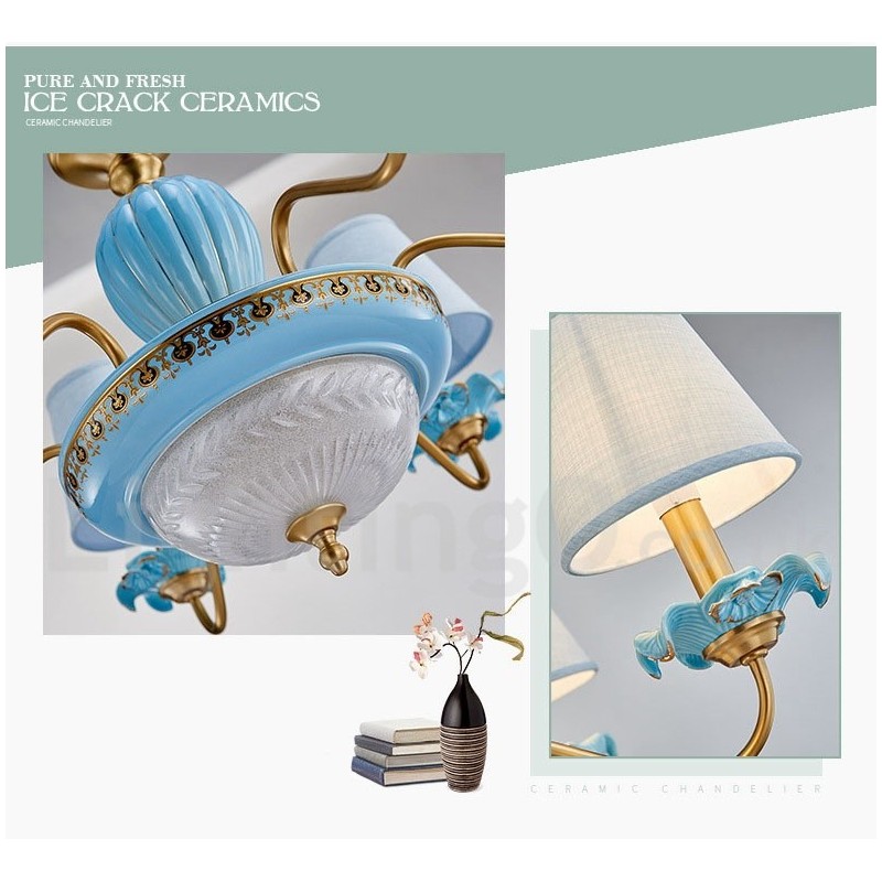 レトロヴィンテージ真鍮セラミックペンダントキャンドルシャンデリア、ブルーファブリックシェード付き