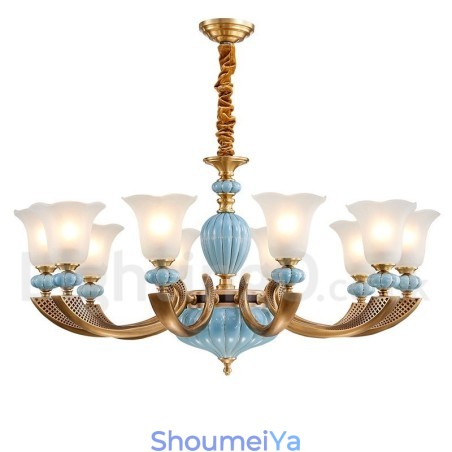 レトロヴィンテージ真鍮セラミックペンダントキャンドルシャンデリア、ガラスシェード付き