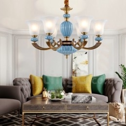 レトロヴィンテージ真鍮セラミックペンダントキャンドルシャンデリア、ガラスシェード付き