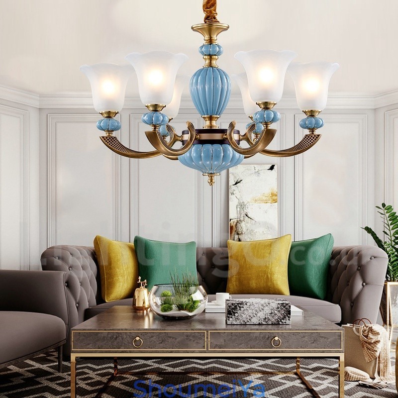 レトロヴィンテージ真鍮セラミックペンダントキャンドルシャンデリア、ガラスシェード付き