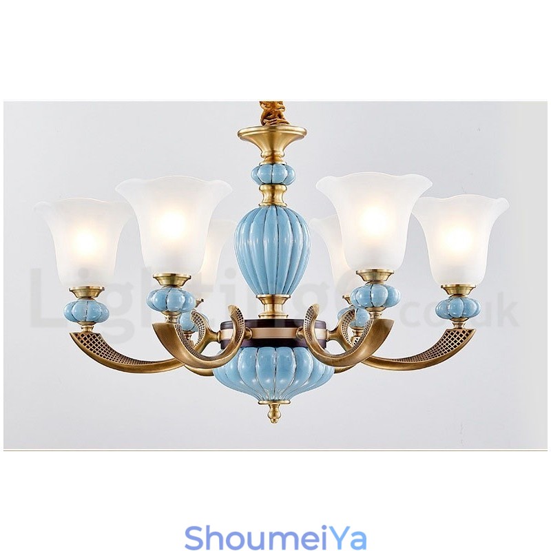 レトロヴィンテージ真鍮セラミックペンダントキャンドルシャンデリア、ガラスシェード付き