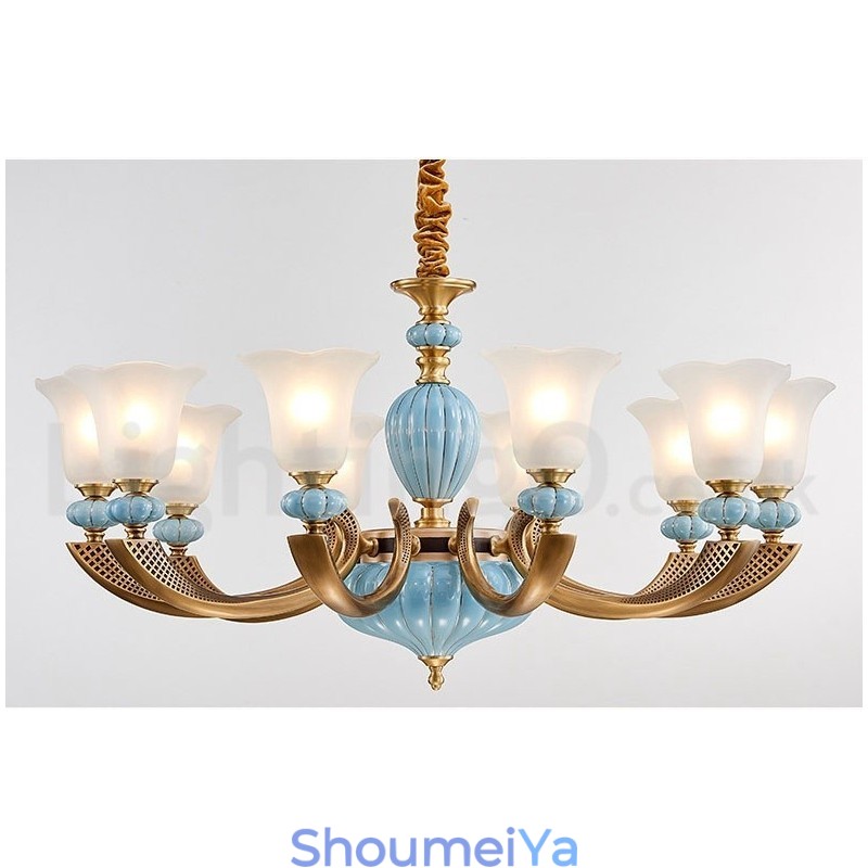 レトロヴィンテージ真鍮セラミックペンダントキャンドルシャンデリア、ガラスシェード付き