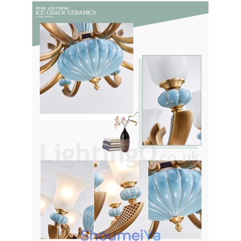 レトロヴィンテージ真鍮セラミックペンダントキャンドルシャンデリア、ガラスシェード付き