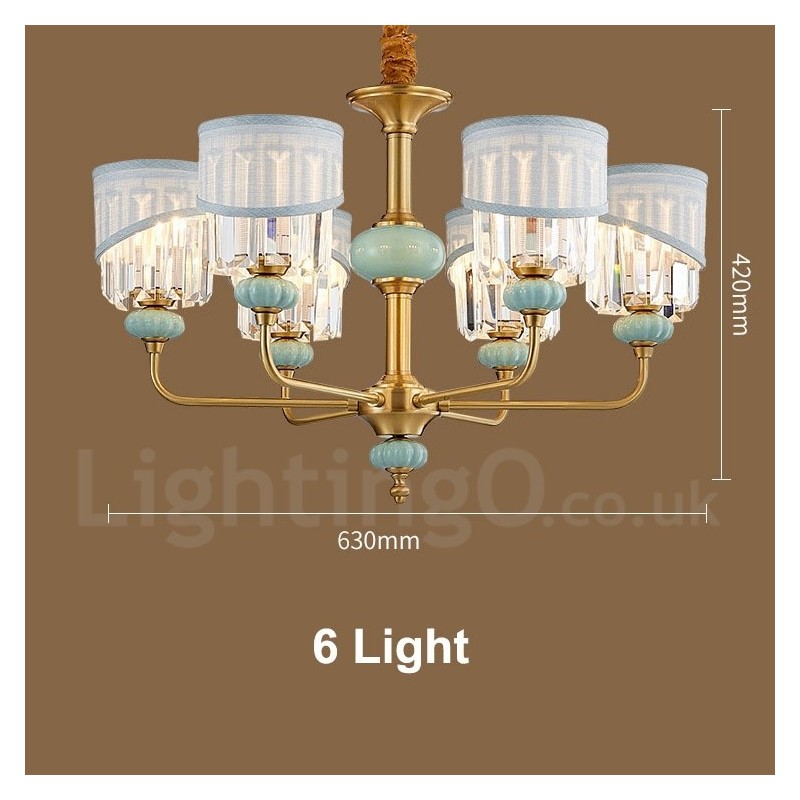 純真鍮の贅沢な素朴なレトロヴィンテージ真鍮セラミックペンダントキャンドルシャンデリア、ファブリックとクリスタルシェード付き