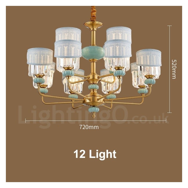 純真鍮の贅沢な素朴なレトロヴィンテージ真鍮セラミックペンダントキャンドルシャンデリア、ファブリックとクリスタルシェード付き