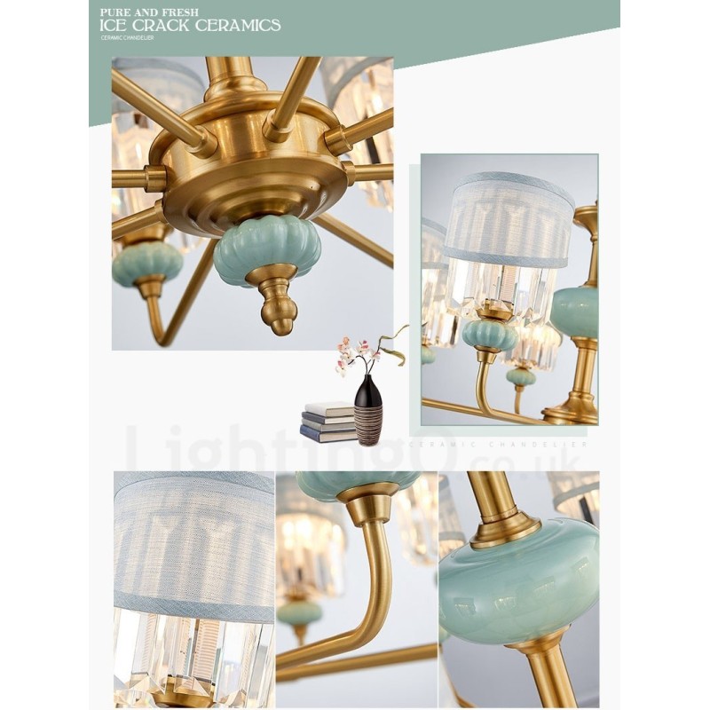 純真鍮の贅沢な素朴なレトロヴィンテージ真鍮セラミックペンダントキャンドルシャンデリア、ファブリックとクリスタルシェード付き