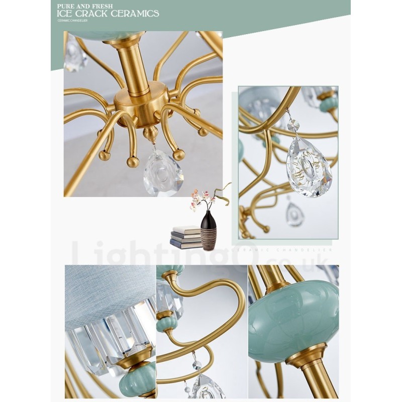 純真鍮の贅沢な素朴なレトロヴィンテージ真鍮セラミックペンダントキャンドルシャンデリア、ファブリックとクリスタルシェード付き