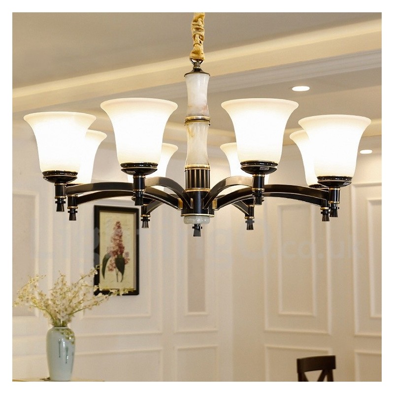 純真鍮の贅沢で素朴なレトロヴィンテージ真鍮ストーンペンダントキャンドルシャンデリア、ガラスシェード付き