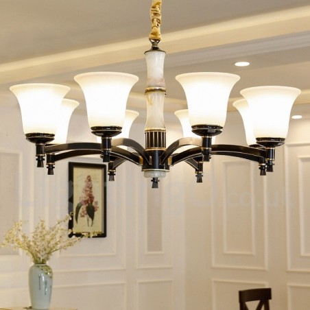 純真鍮の贅沢で素朴なレトロヴィンテージ真鍮ストーンペンダントキャンドルシャンデリア、ガラスシェード付き