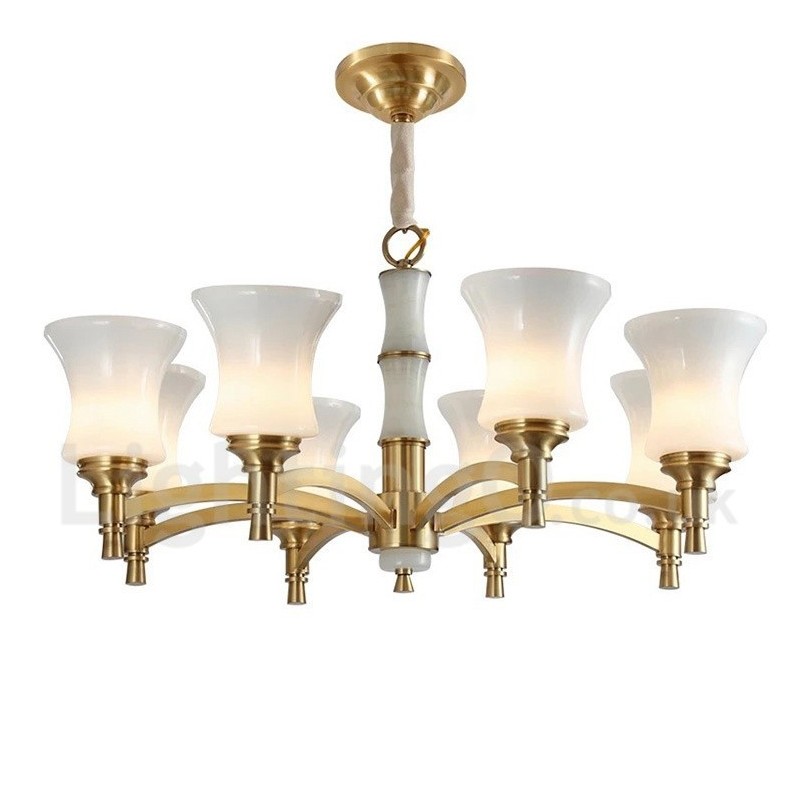 純真鍮の贅沢で素朴なレトロヴィンテージ真鍮ストーンペンダントキャンドルシャンデリア、ガラスシェード付き