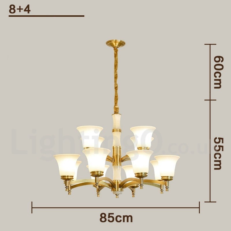 純真鍮の贅沢で素朴なレトロヴィンテージ真鍮ストーンペンダントキャンドルシャンデリア、ガラスシェード付き