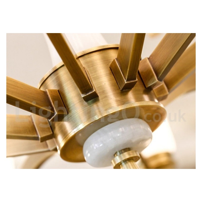 純真鍮の贅沢で素朴なレトロヴィンテージ真鍮ストーンペンダントキャンドルシャンデリア、ガラスシェード付き