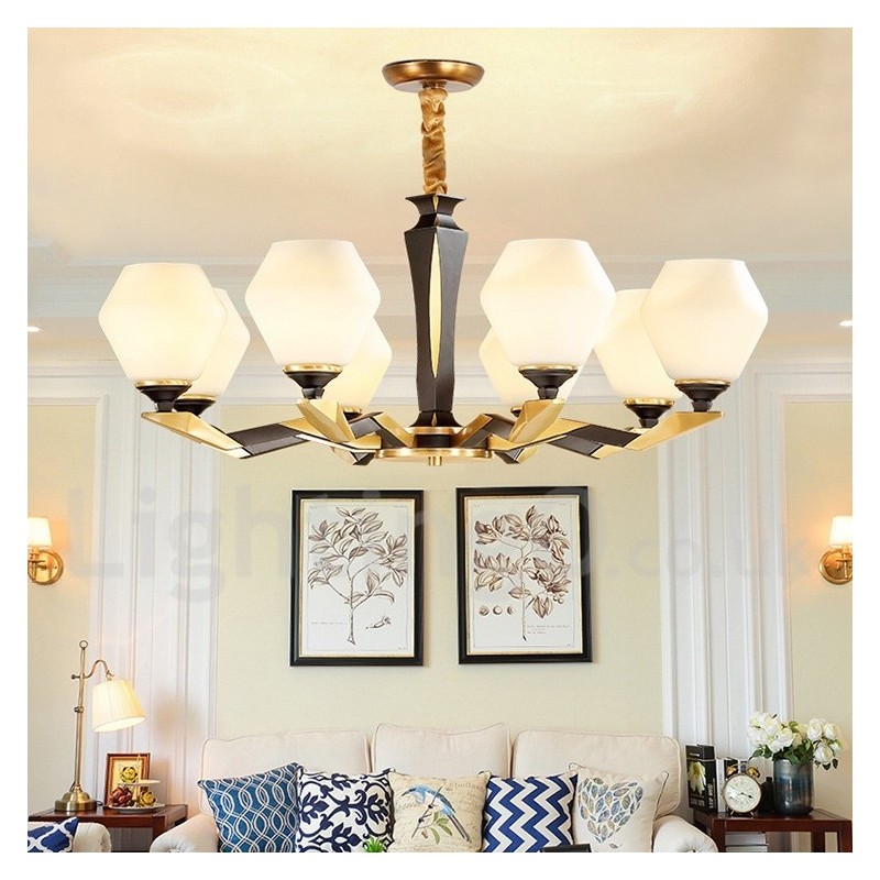 純真鍮製、豪華で素朴なレトロヴィンテージ真鍮ペンダントキャンドルシャンデリア、ガラスシェード付き