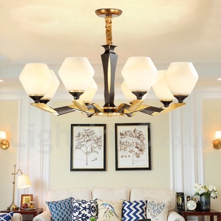 純真鍮製、豪華で素朴なレトロヴィンテージ真鍮ペンダントキャンドルシャンデリア、ガラスシェード付き