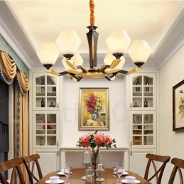 純真鍮製、豪華で素朴なレトロヴィンテージ真鍮ペンダントキャンドルシャンデリア、ガラスシェード付き