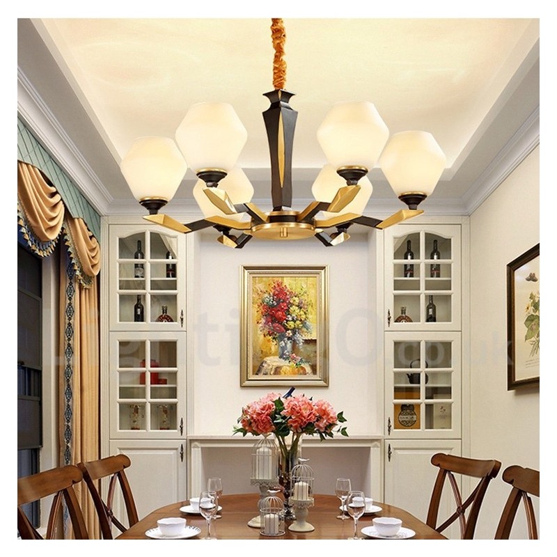 純真鍮製、豪華で素朴なレトロヴィンテージ真鍮ペンダントキャンドルシャンデリア、ガラスシェード付き