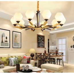 純真鍮製、豪華で素朴なレトロヴィンテージ真鍮ペンダントキャンドルシャンデリア、ガラスシェード付き