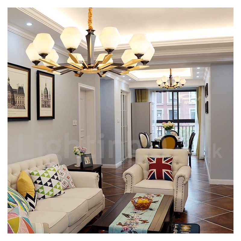 純真鍮製、豪華で素朴なレトロヴィンテージ真鍮ペンダントキャンドルシャンデリア、ガラスシェード付き