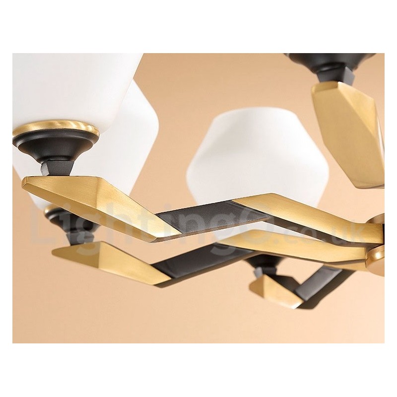 純真鍮製、豪華で素朴なレトロヴィンテージ真鍮ペンダントキャンドルシャンデリア、ガラスシェード付き