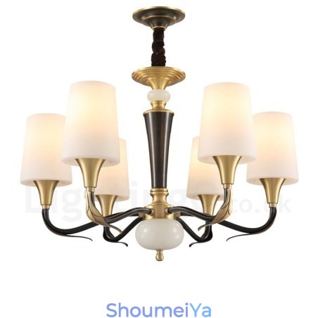 純真鍮の贅沢で素朴なレトロヴィンテージ真鍮ストーンペンダントキャンドルシャンデリア、ガラスシェード付き